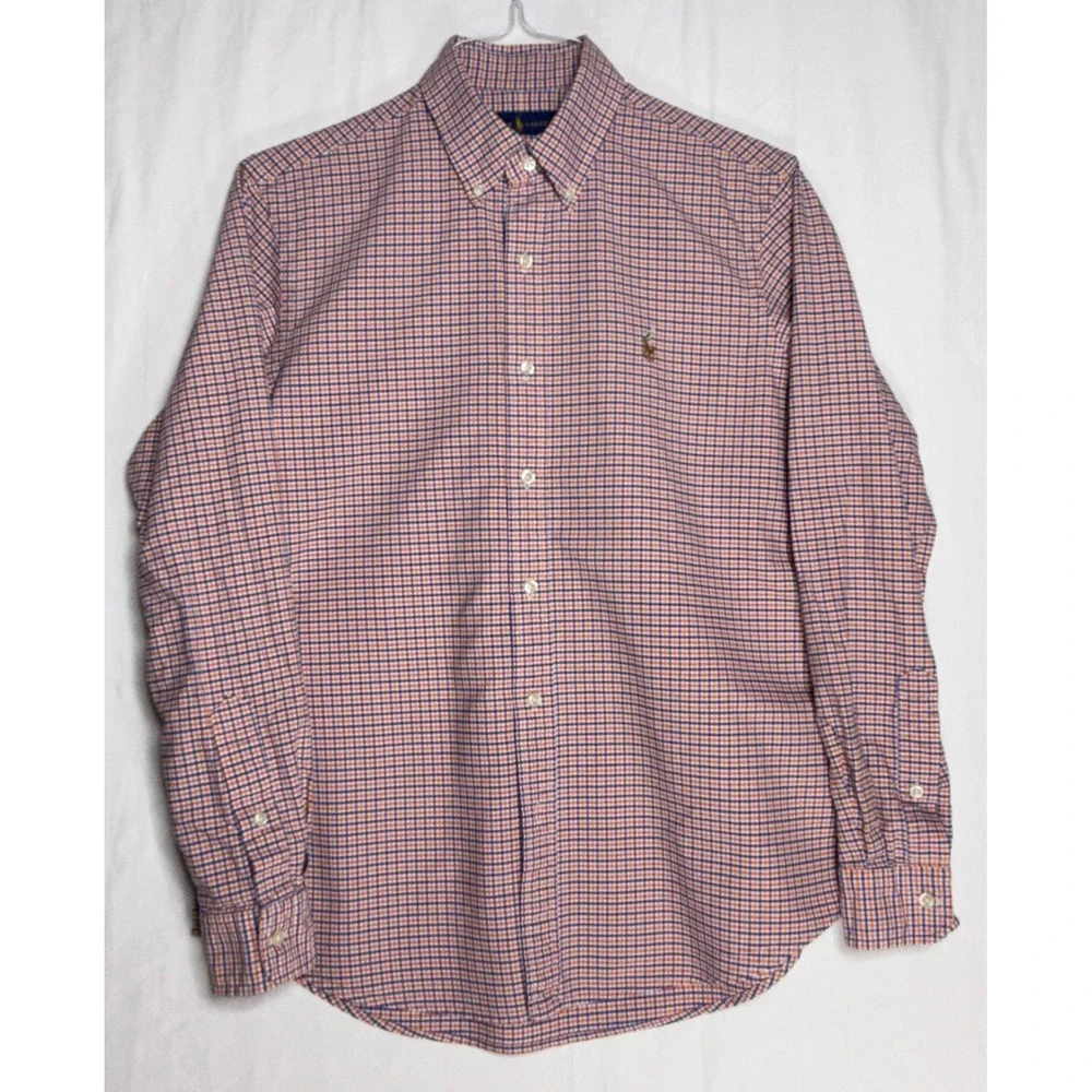 Ralph Lauren Mens Button Down‎ Shirt Orange Blue Plaid Embroidered Pony Size M